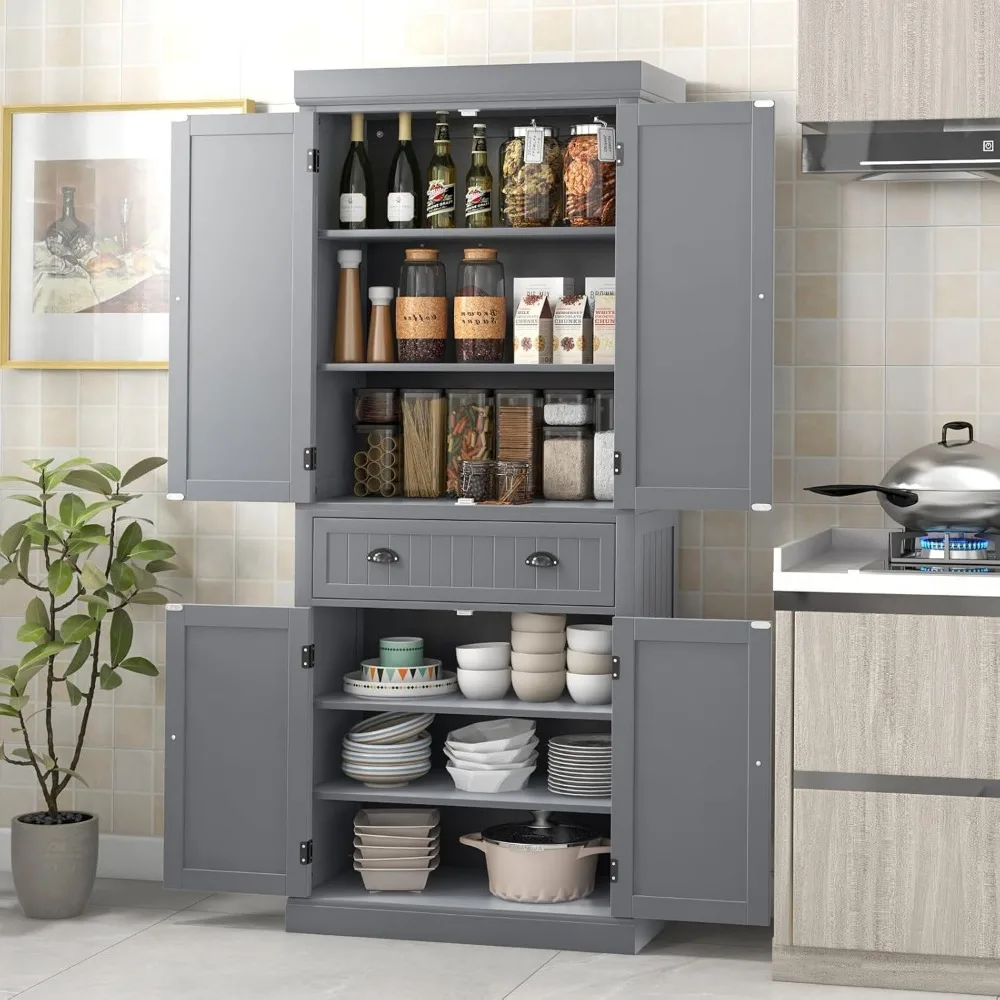 Mobiletto da cucina alto 72", armadio portaoggetti in legno con 4 ripiani regolabili, 2 armadietti e cassetti, portaoggetti indipendente