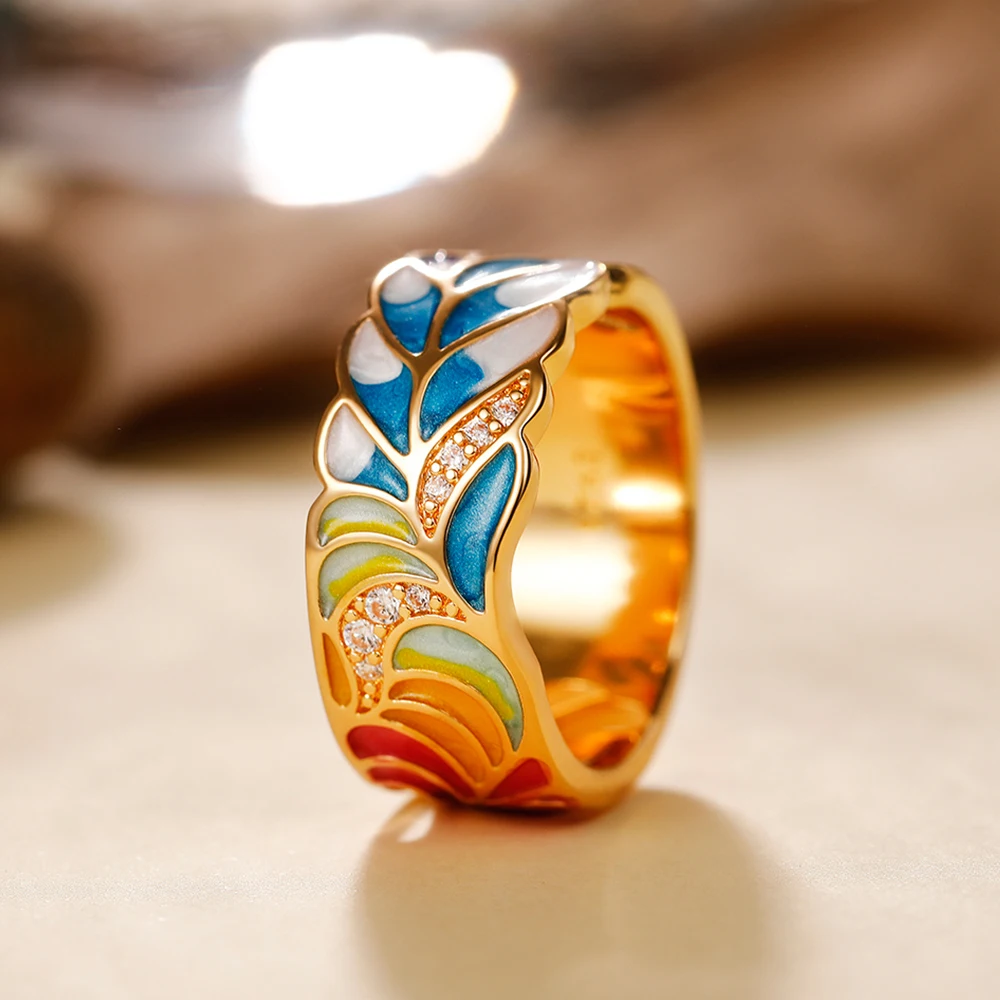 Huitan Handmade Enamel Ring for Women Colorful Feather Pattern Gold Color Cubic Zirconia Ring Romantic Bridal Wedding Jewelry