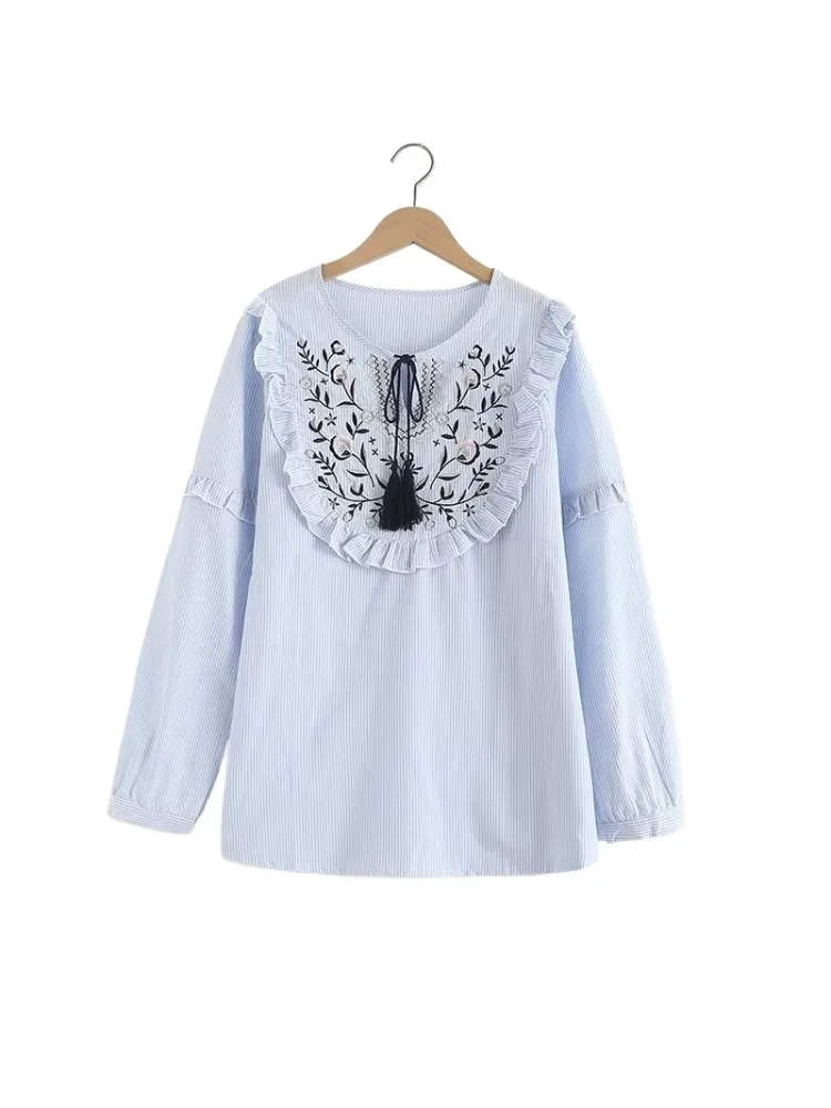 Merry Pretty High Quality Cotton Shirts Embroidery Tassel Striped Blue Tops Long Sleeve Mori Girl Casual Retro Blue Loose Blouse