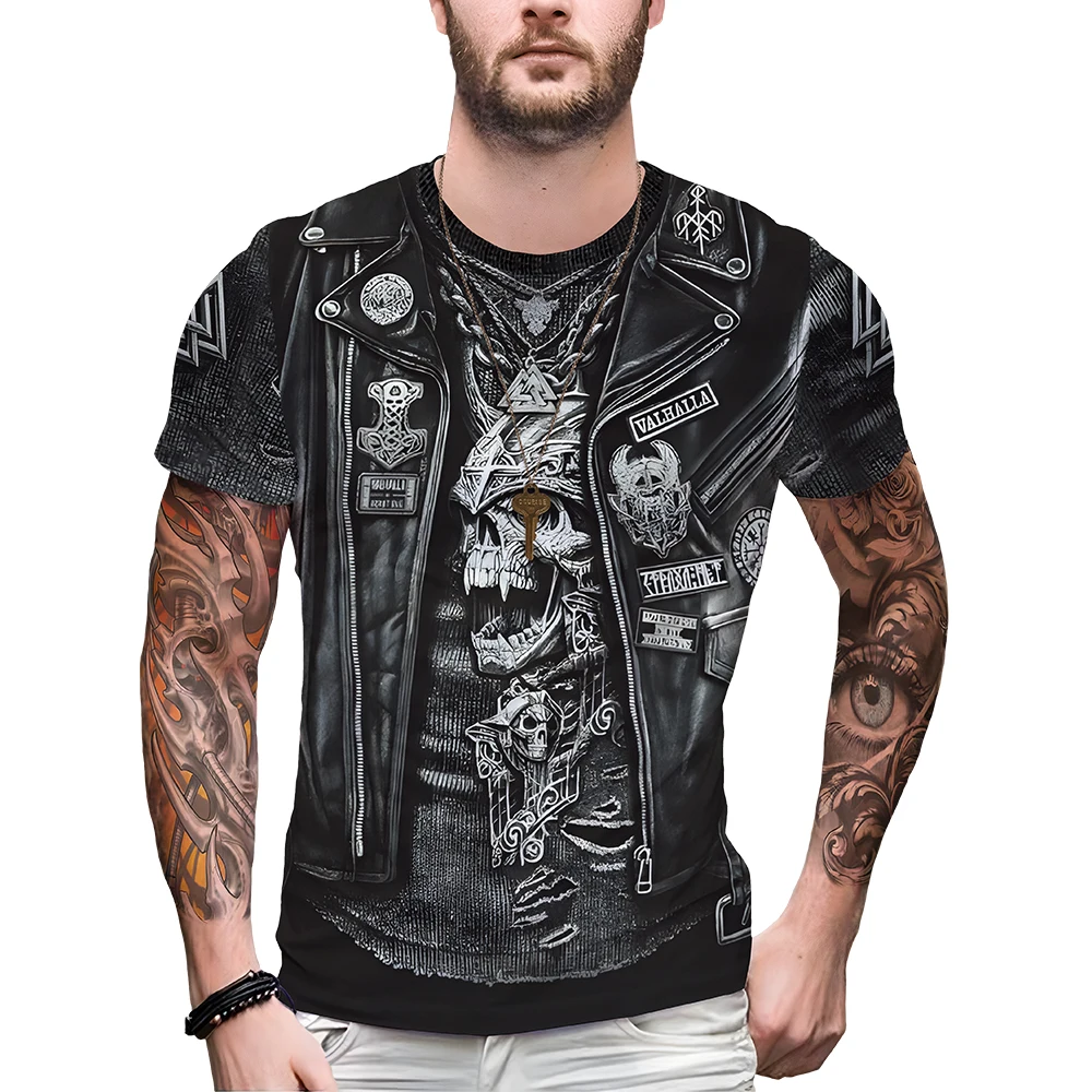 Denim Jacket 3D Printed T-shirt Men's Short Sleeve Clothing Leather Picture Printed Crew Neck Vintage Summer Biker Jacket Tops