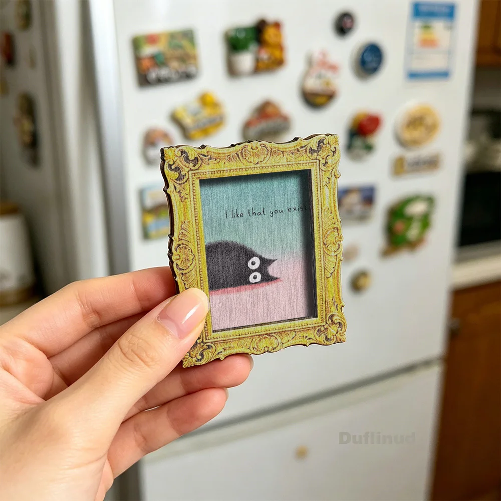 1pcs Fluffy Black Cat Wooden Fridge Magnet Mini Pink Blue Gradient Background With Sweet Quote Kitchen Refrigerator Decor Gift