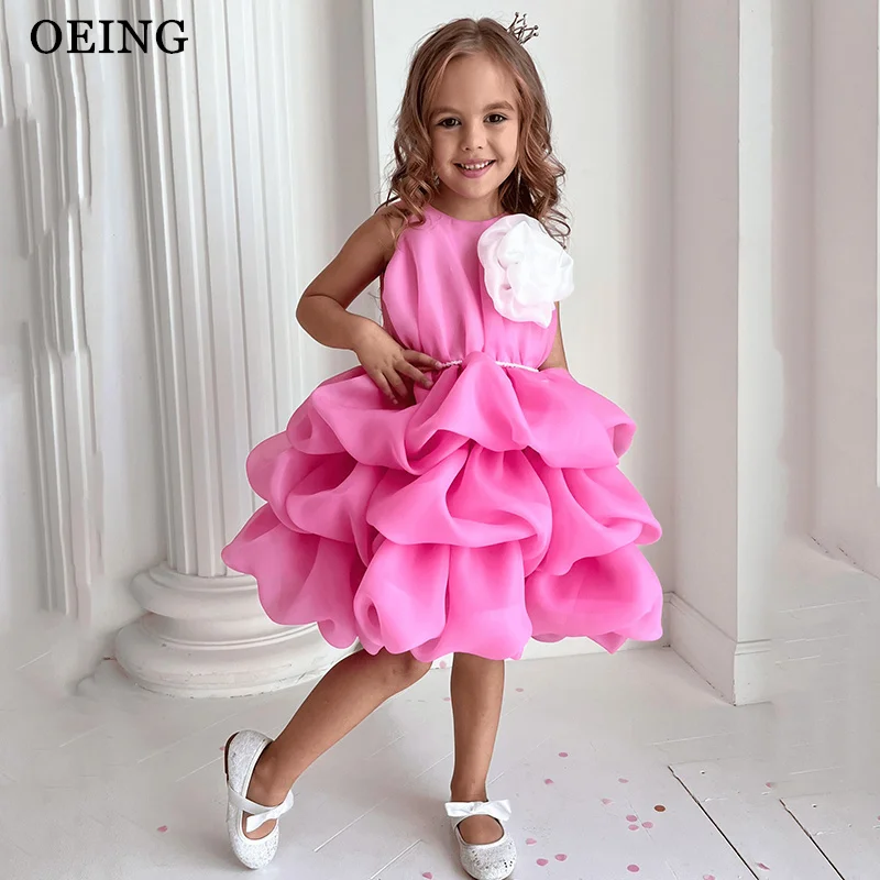 

Милые ярко-розовые платья для девочек с цветочным узором, А-силуэт, из органзы, с оборками, для свадебных торжеств, 3D цветочные, миди, на день рождения, на заказ