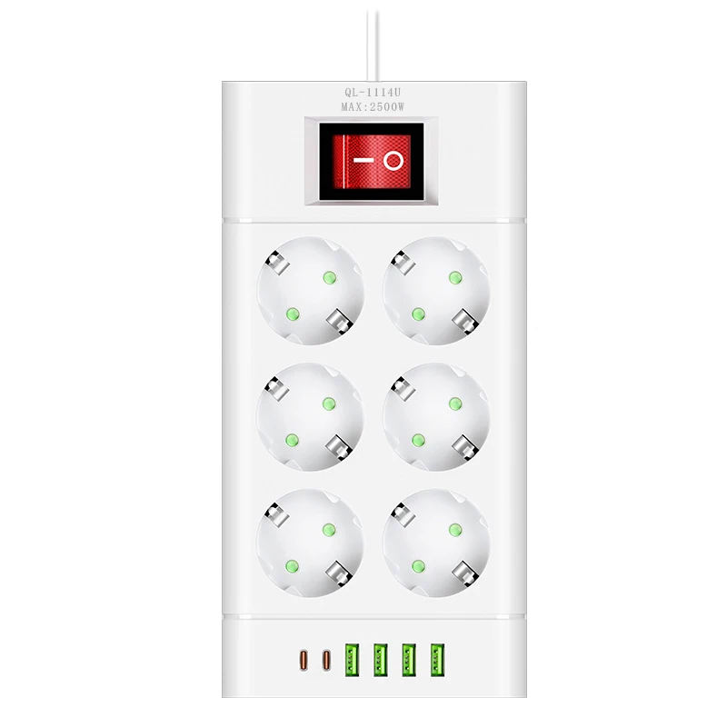 EU Plug Stekkerdoos DC Outlet Verlengsnoer 6/8/10 Stopcontact met 4 USB 2 Type-C Poorten Ondersteuning 2500 W Huishoudapparatuur