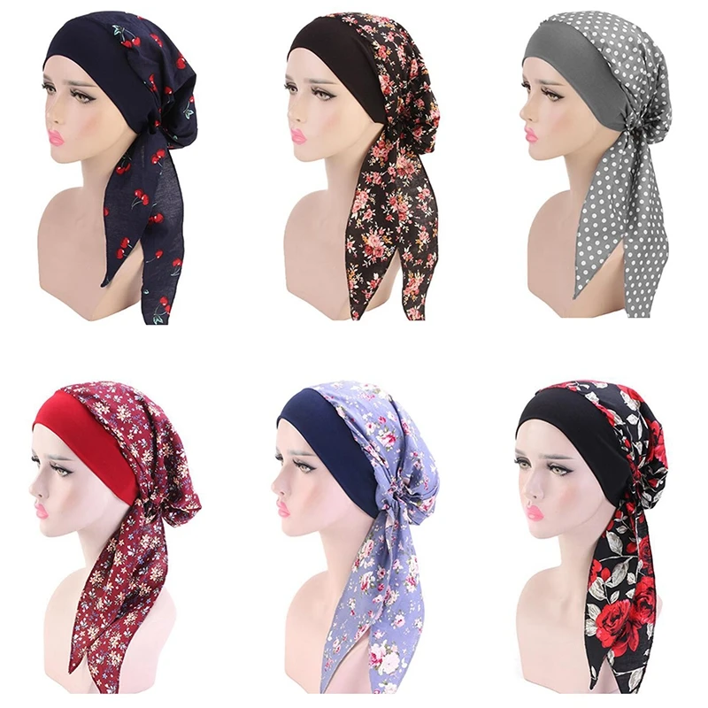 Chiffon Floral Muslim Hijab Cancer Chemo Flower Hat Turban Cap Cover Hair Loss Head Scarf Wrap Pre-Tied Headwear Strech Bandana