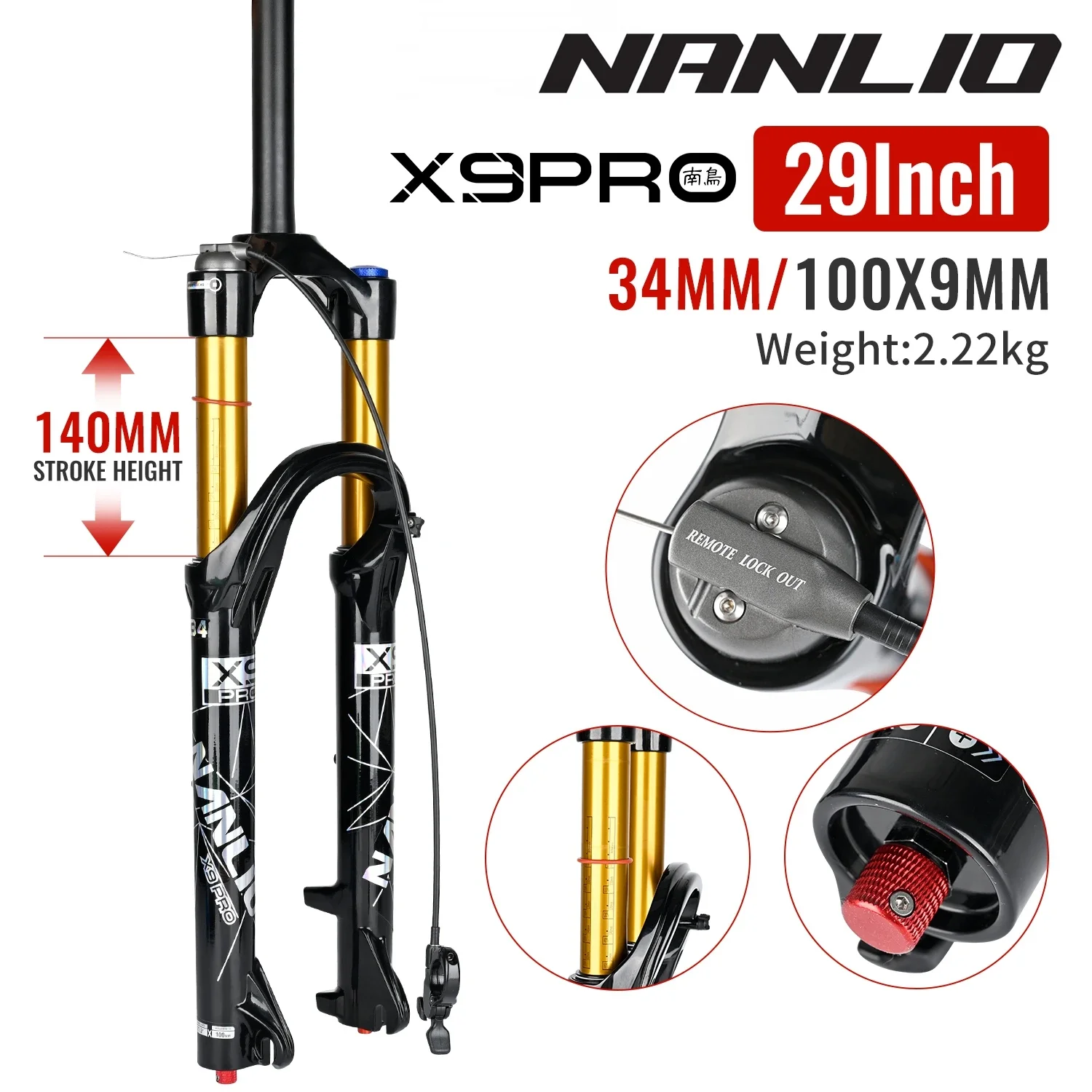 Bicycle Suspension Forks Nanlio X9 Pro MTB Bike Oil Air Fork 26 27.5 29 Inches 34MM 140/160MM With Metal Bushing