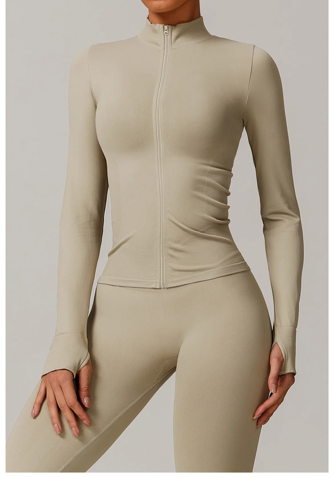 Women's Seamless Long Sleeve Yoga Top Ribbed High Neck Full Zip Slim Fit Sports Jacket Thumb Hole Workout Gym Running Activewear
