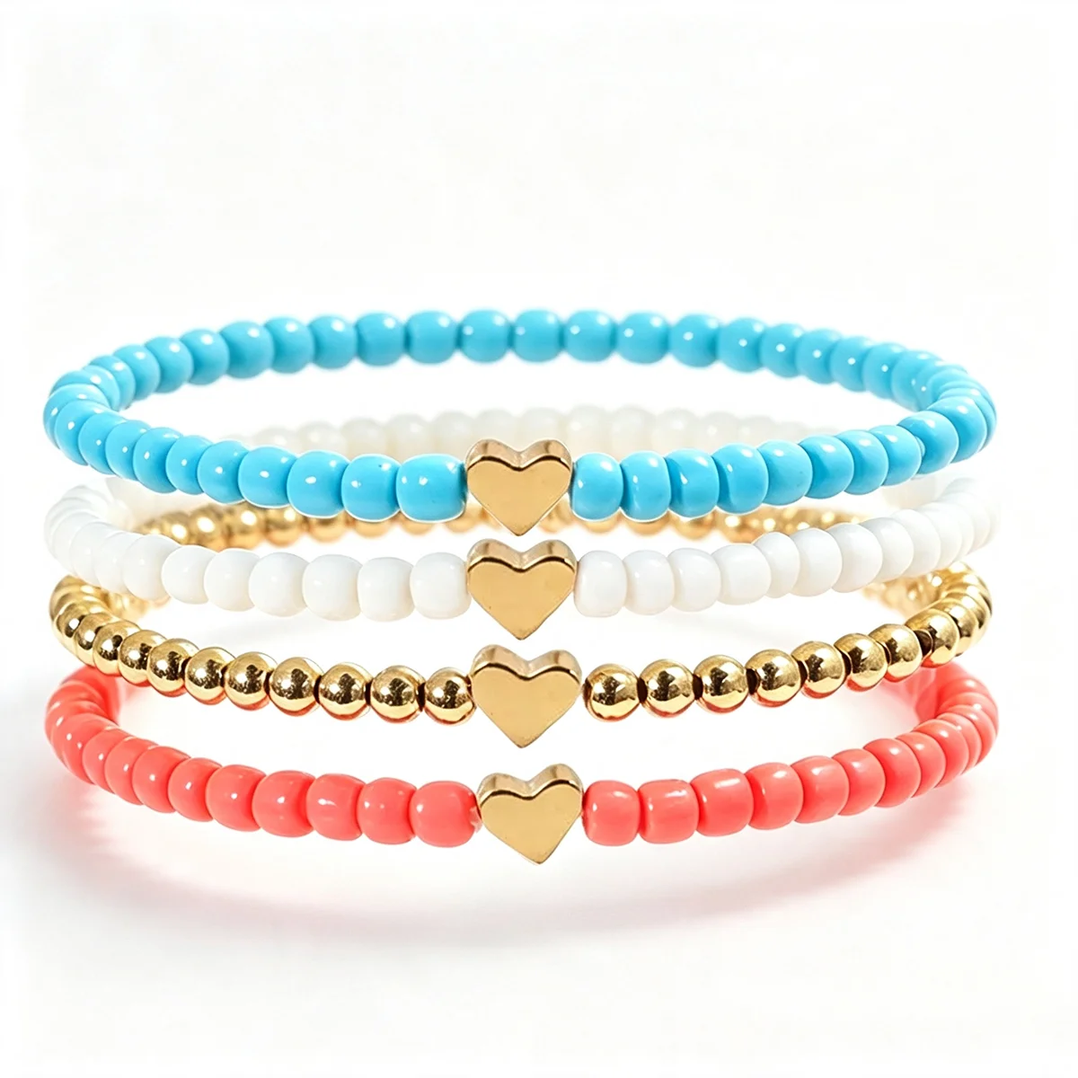 4Pcs Mini Heart Beaded Bracelet Set, Stackable Bracelet Jewelry