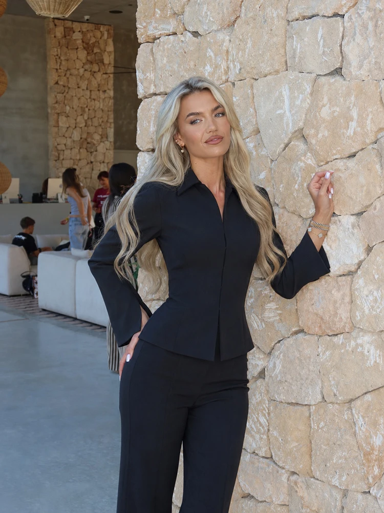 Minimalist Solid Flared Pants Suit Women Lapel Flare Sleeve Peplum Blazer High Waist Slim Set Business Office Formal Outfit 2026 view 2