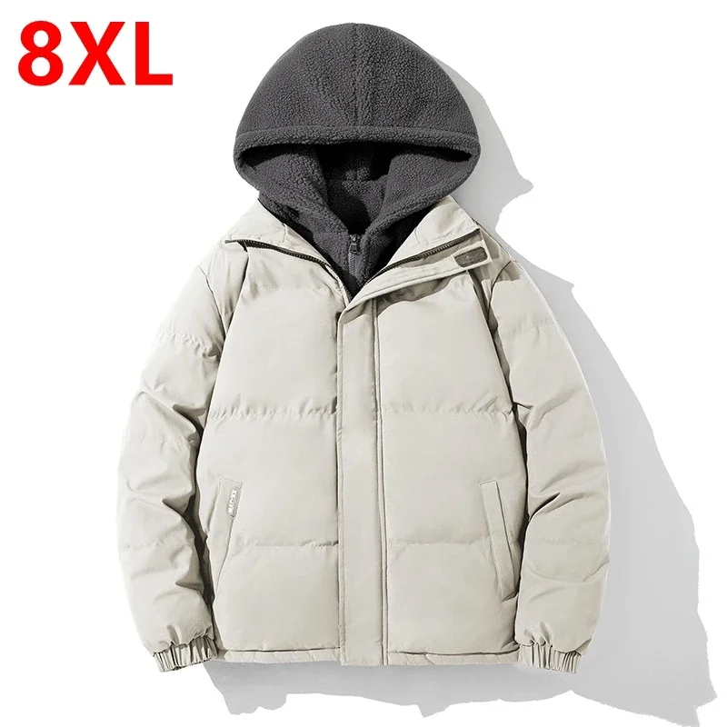 Winter men clothing handsome fake two-piece hooded overweight plus size thickened warm cotton jacket 140kg 8xl winter jacket men