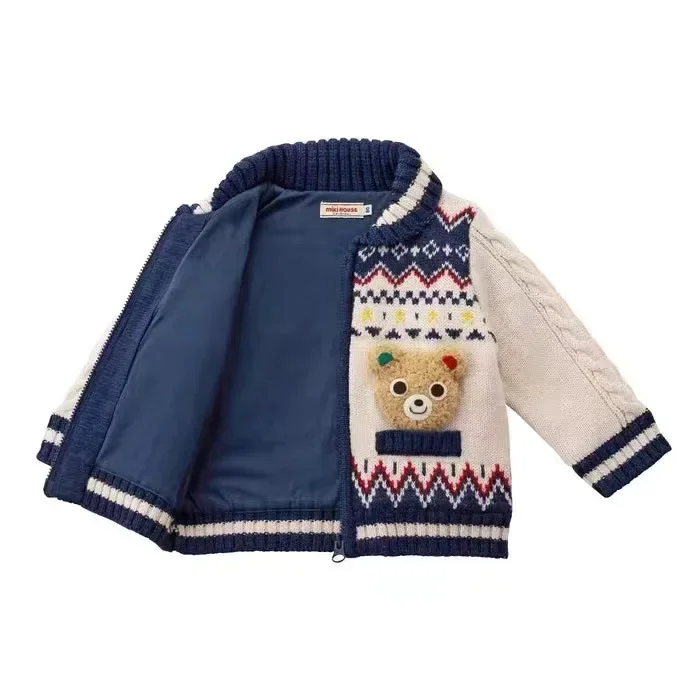 Boys Sweater MIKI2023 Autumn And Winter Tide Brand Bud Core Yarn Double Bear Bunny Color-block Cardigan Girl