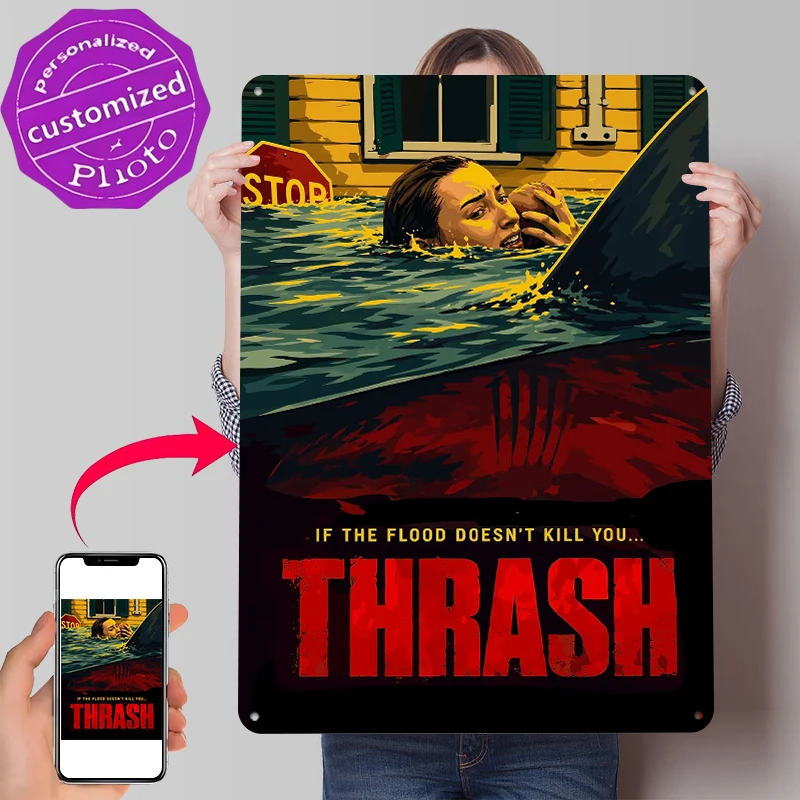 Shark Attack During Flood Tinplate Poster Customized Wall Art Retro Vintage Metal Signs for Fans Desk Decor Room Coffee Bar Home