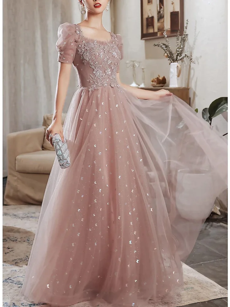 Vestido de noche elegante de línea a para invitados de boda, longitud hasta el suelo, manga corta, escote Corazón, satén, espalda en V con apliques de cuentas, vestido de Graduación