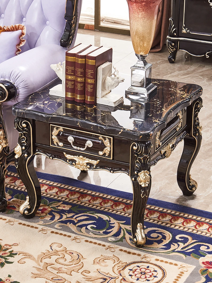 European style solid wood corner table, sofa side table, light luxury black sandalwood marble living room