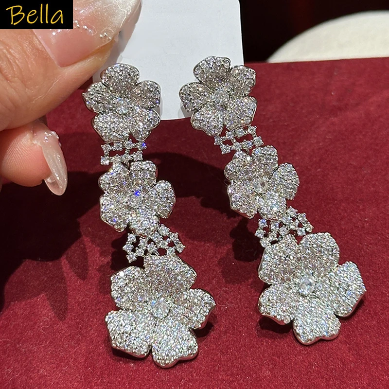 Gorgeous flower earrings necklace sets wedding bride luxury jewelry zirconia silver color large flower necklace dinner party