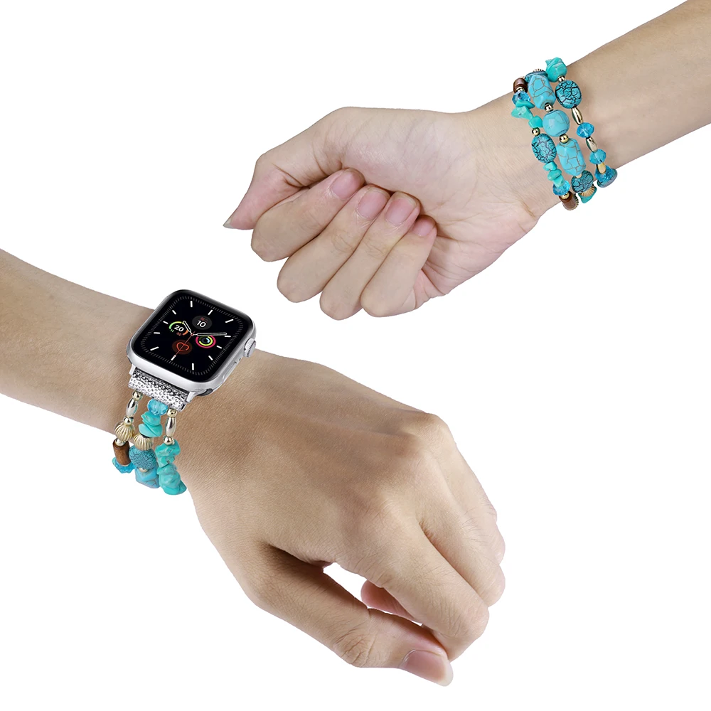 Turquoise Beads Bracelet for Apple Watch 10 Band Cute Stretch Girl Women Jewelry Band Series SE 7 6 5 4 8