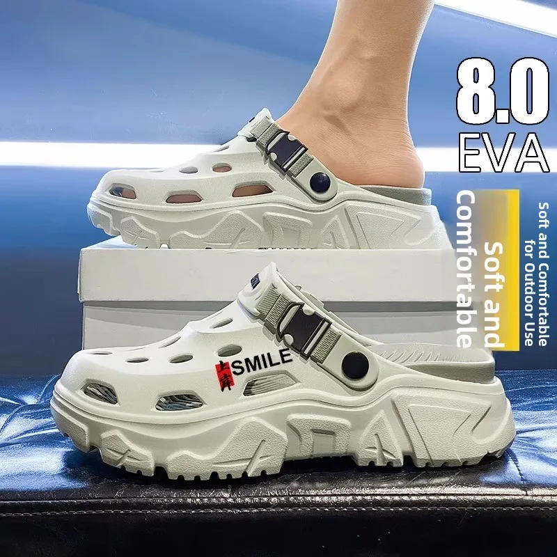 Men's Summer Outdoor Sports Sandals Anti-Slip Deodorant Headed Clog Shoes Thick Bottom Heightening Beach Sandals Breathable
