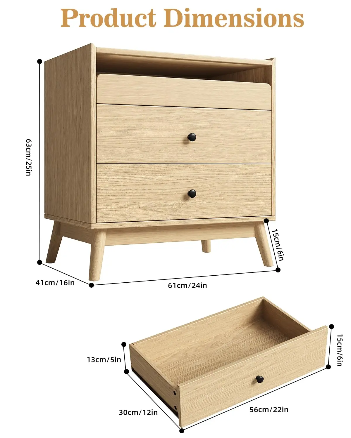 24" Wide Nightstand Set Of 2, Hidden Charging Station, 2 Drawers Night Stand With Pull-Out Shelf, Modern Beside End, Customized - view 2