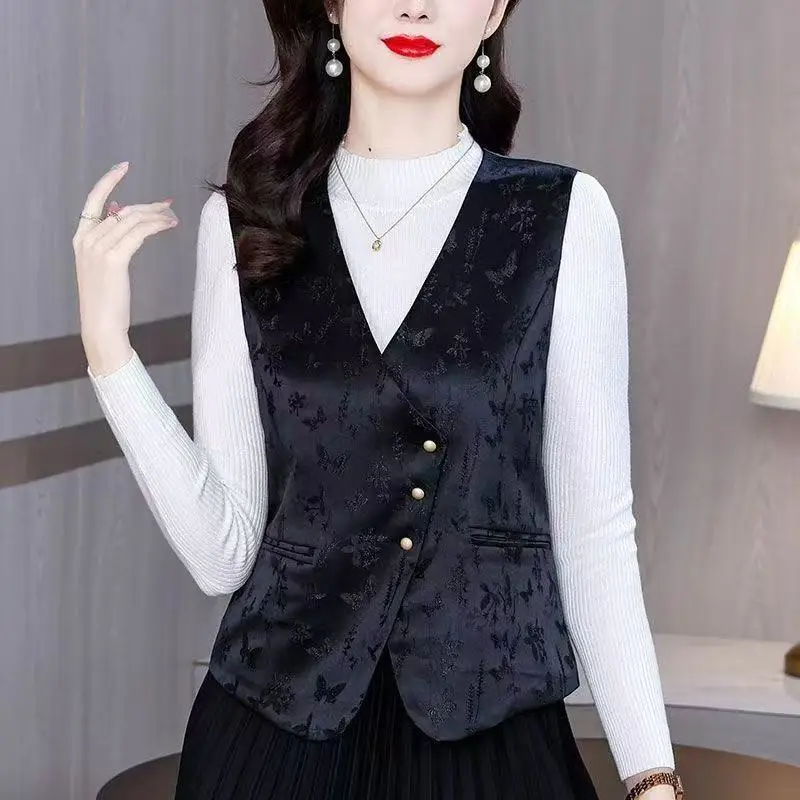 Fashion Jacquard Suit Vest New Chinese Style Temperament Versatile Short Sleeveless Jacket Women Retro Cardigan Waistcoat Coats