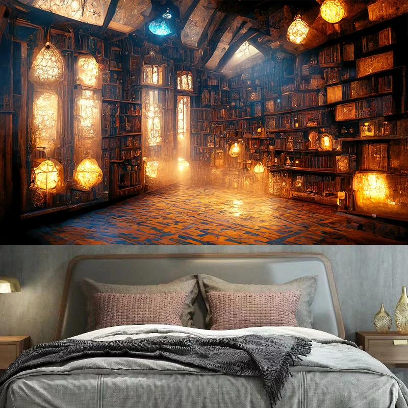 Magic Book House Wall Hanging Retro Bookshelf Tapestry Hippie Bohemian Decoration Tapestry Bedroom Home Decoration