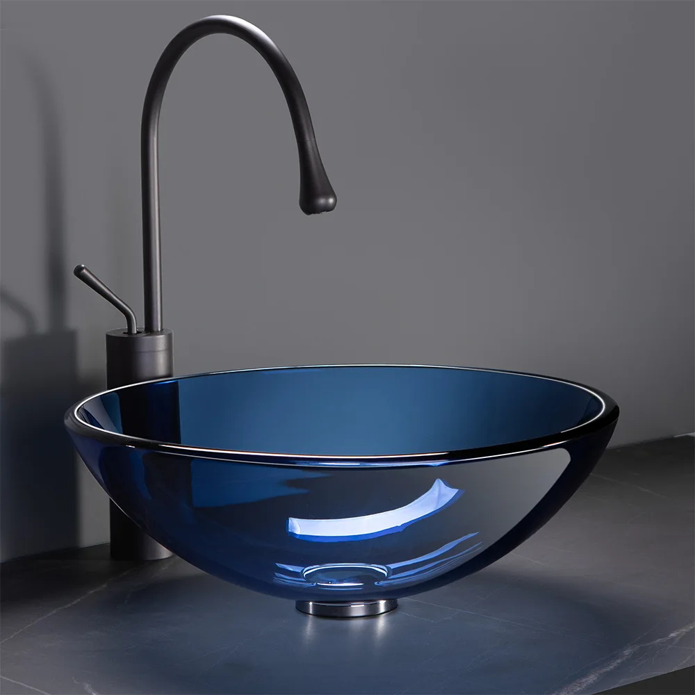 42cm Round Tempered Glass Sink Blue Bathroom Washbasin Hotel Balcony Countertop Art Basin Transparent Bowl Basin With Drain Sets