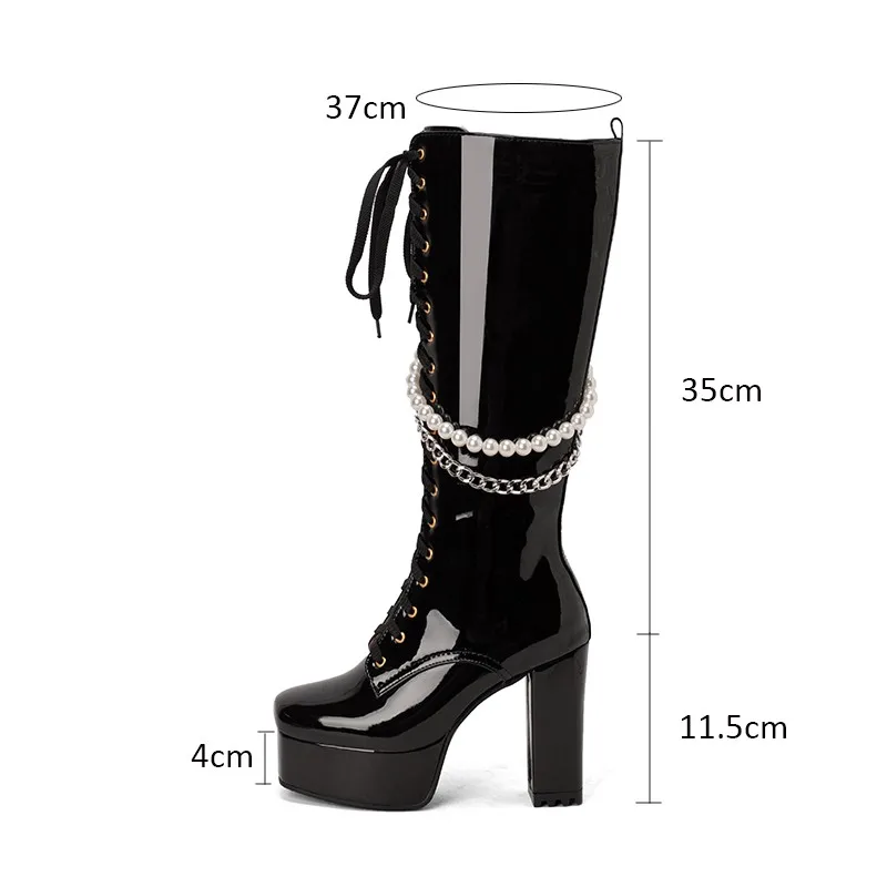 Womens Platform Knee Thigh Boots Chunky High Heels Patent Leather Shoes Pearls Metal Chain Lace Up Lady Dance Shoes Size 42 43