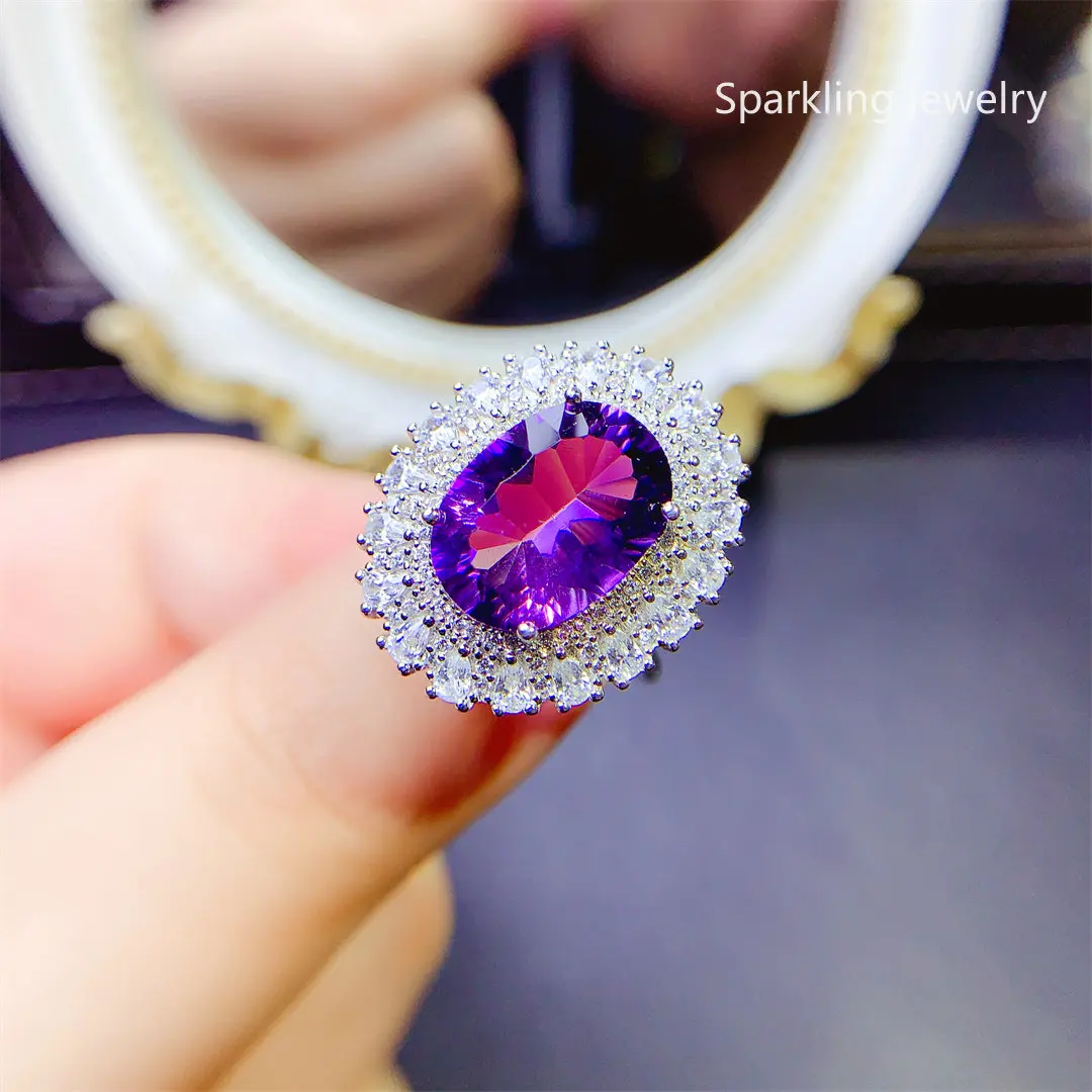 

Fine Jewelry 925 Sterling Silver Inlaid Amethyst Color Sapphire Women's Exquisite Classic Oval Gem Adjustable Ring Sup