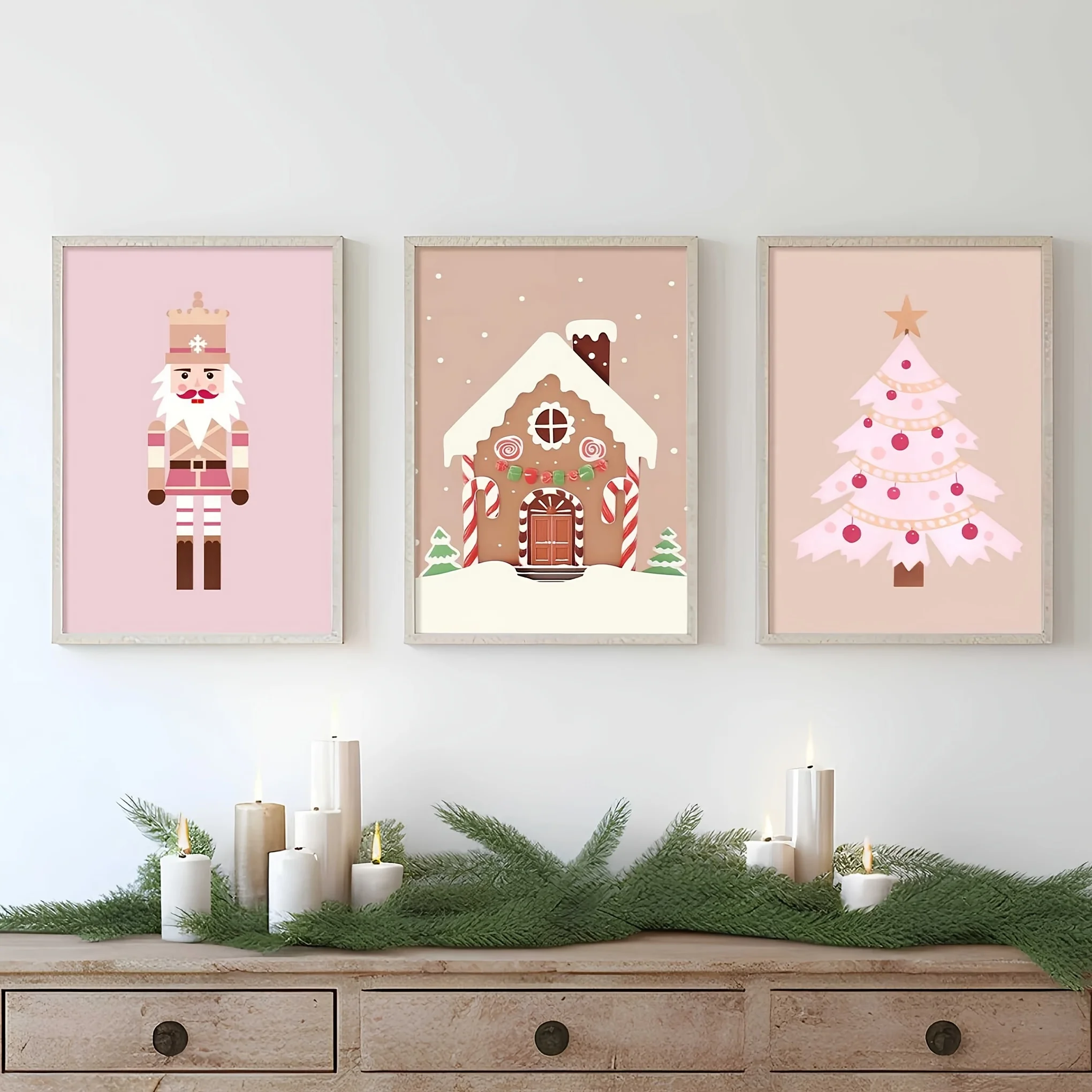 Juego de arte de pared de lienzo festivo de 3 piezas, impresiones navideñas rosas con casa de galletas, árbol y Papá Noel, estilo retro Art Deco, puerto sin marco