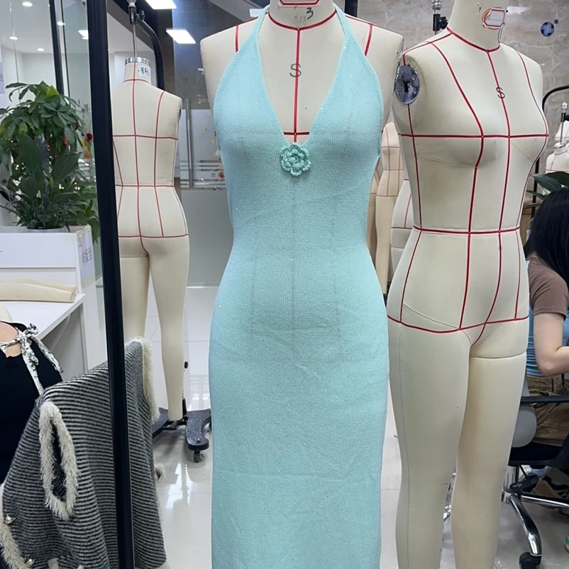 2025 Women's 3D Flower Halter Neck Soild Knit Dress Sleeveless Tie Backless Bodycon Deep V-neck Long Dress Summer Beach Dress