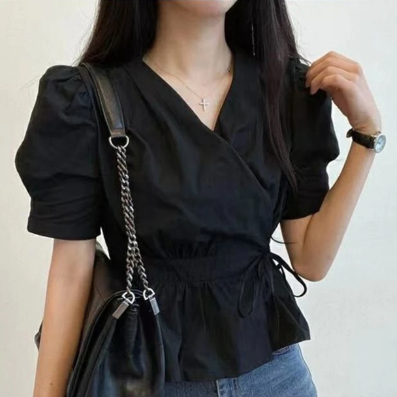 Blouses Women Korean Style Chic Summer Design Simple Solid Trendy All-match V-neck Elegant Slim Office Ladies Casual Lace-up Ins