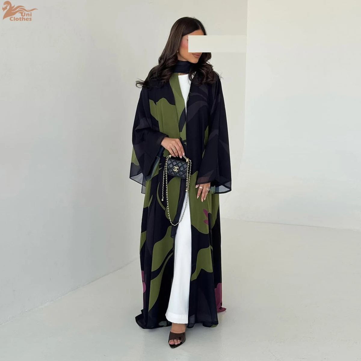 

Модная абайя Uni Dubai с цветочным принтом, открытая, с длинными рукавами, кафтан, хиджаб в комплекте, 2026