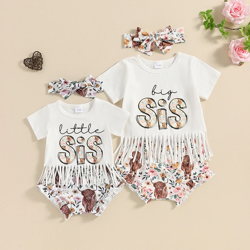 2024-03-12 Lioraitiin Sister Matching Outfit Short Sleeve BIG SIS T-Shirt Tops LIL SIS Rompers Baby Girls Shorts Clothes Set