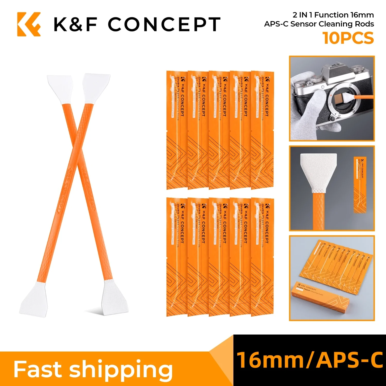 

K&F Concept 10pcs 24mm Full Frame/16mm APS-C Double-Tipped Sensor Cleaning Swabs Set For DSLR SLR Cameras CMOS&CCD Sensor Clean