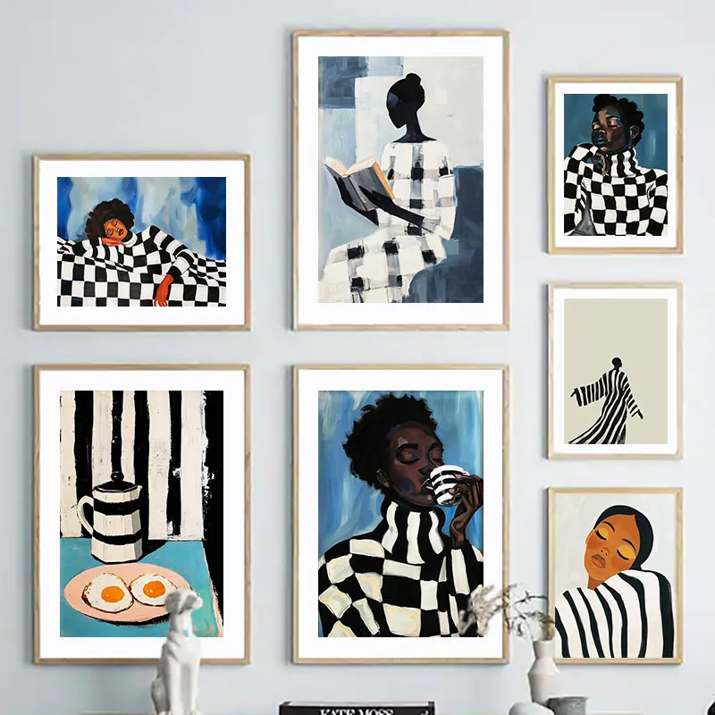(2D Canvas Painting) Black Striped Grid Girl Book Coffee Egg Abstract Posters Wall Art Canvas Print Painting Hotel Bar Pictur