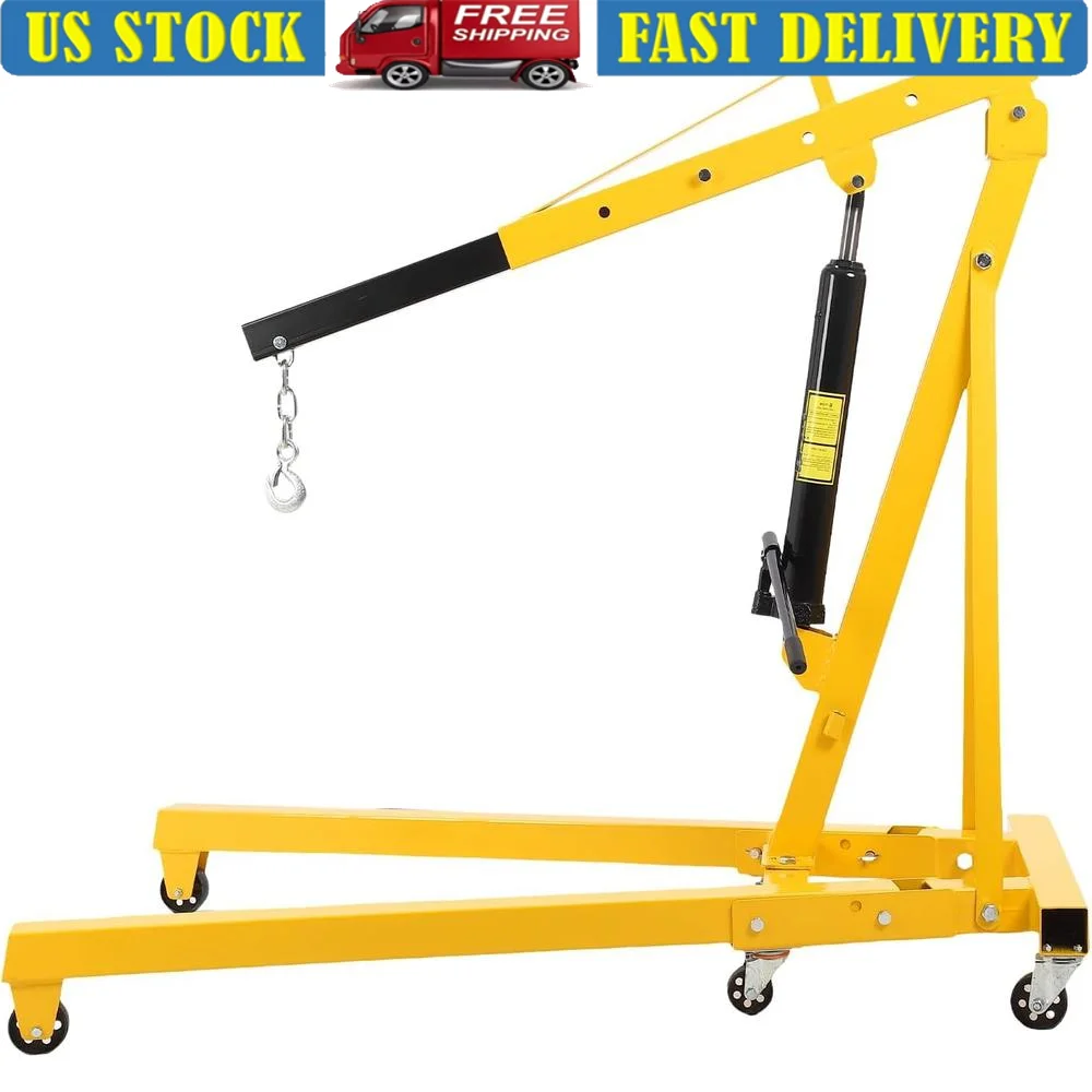 2 Ton Folding Engine Hoist Cherry Picker with Lever and 6 Casters Heavy Duty Hydraulic Shop Crane Adjustable Positions Sturdy