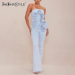 TWOTWINSTYLE Solid Slimming Jumpsuits For Women Slash Neck Sleeveless Tunic Patchwork Appliques Casual Jumpsuit Female Clothing