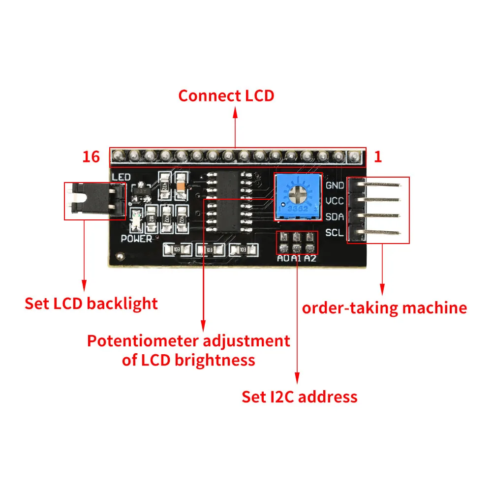 Placa de expansión DC 3-6V PCF8574 con interfaz I2C para LCD1602/2004, contraste ajustable y control de retroiluminación