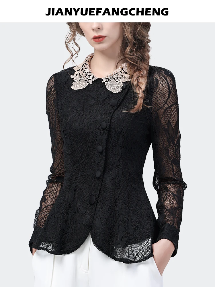 2024 New Black Hollow Out Lace Shirt Tops Women\' Long Sleeve Slim White Lapel Collar Bottoming Shirt Vintage Casual Blouses