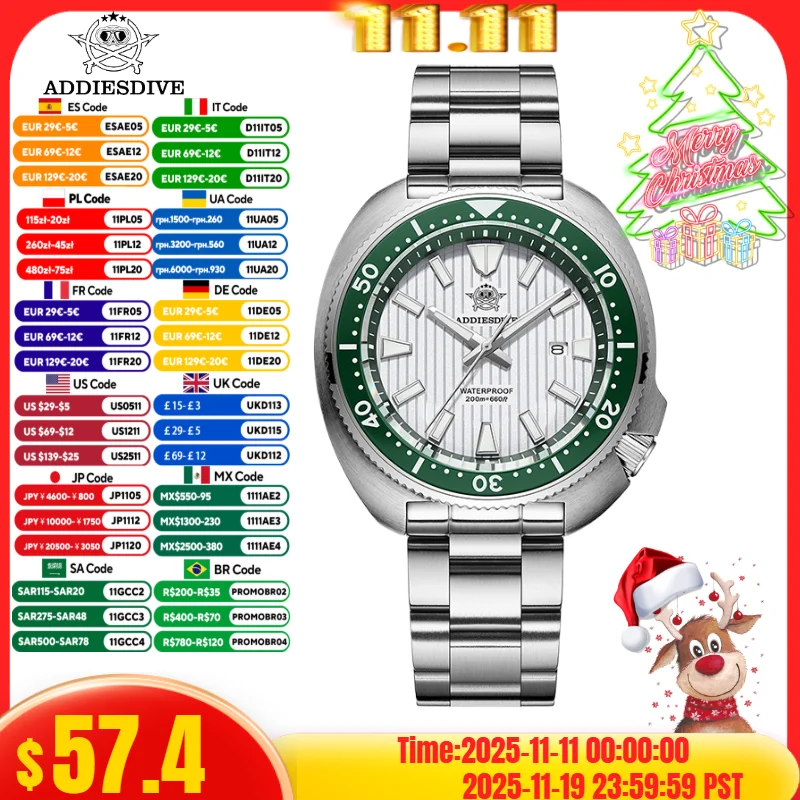 

ADDIESDIVE Watch For Man AD2507 Sapphire Crystals Window Display BGW9 Luminous 200M waterproof 316L Stainless Steel Quartz Watch