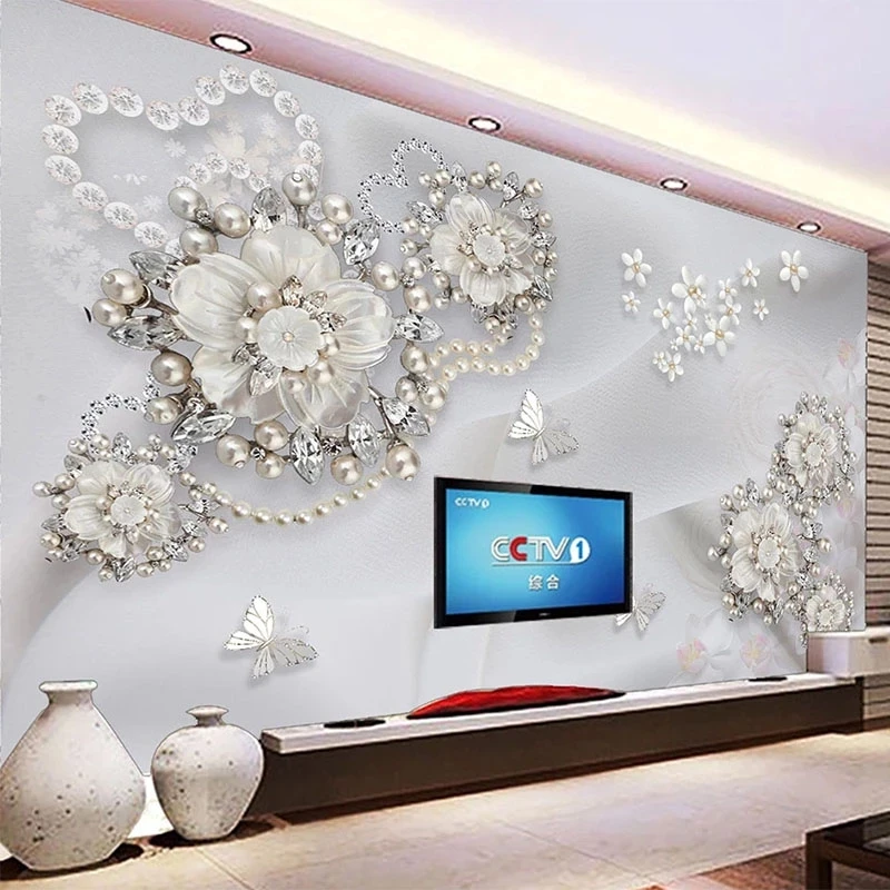 Custom 3D Mural European Luxury Relief Pearl Jewelry Flower Photo Wallpaper Bedroom Living room TV background wall restaurant 8d