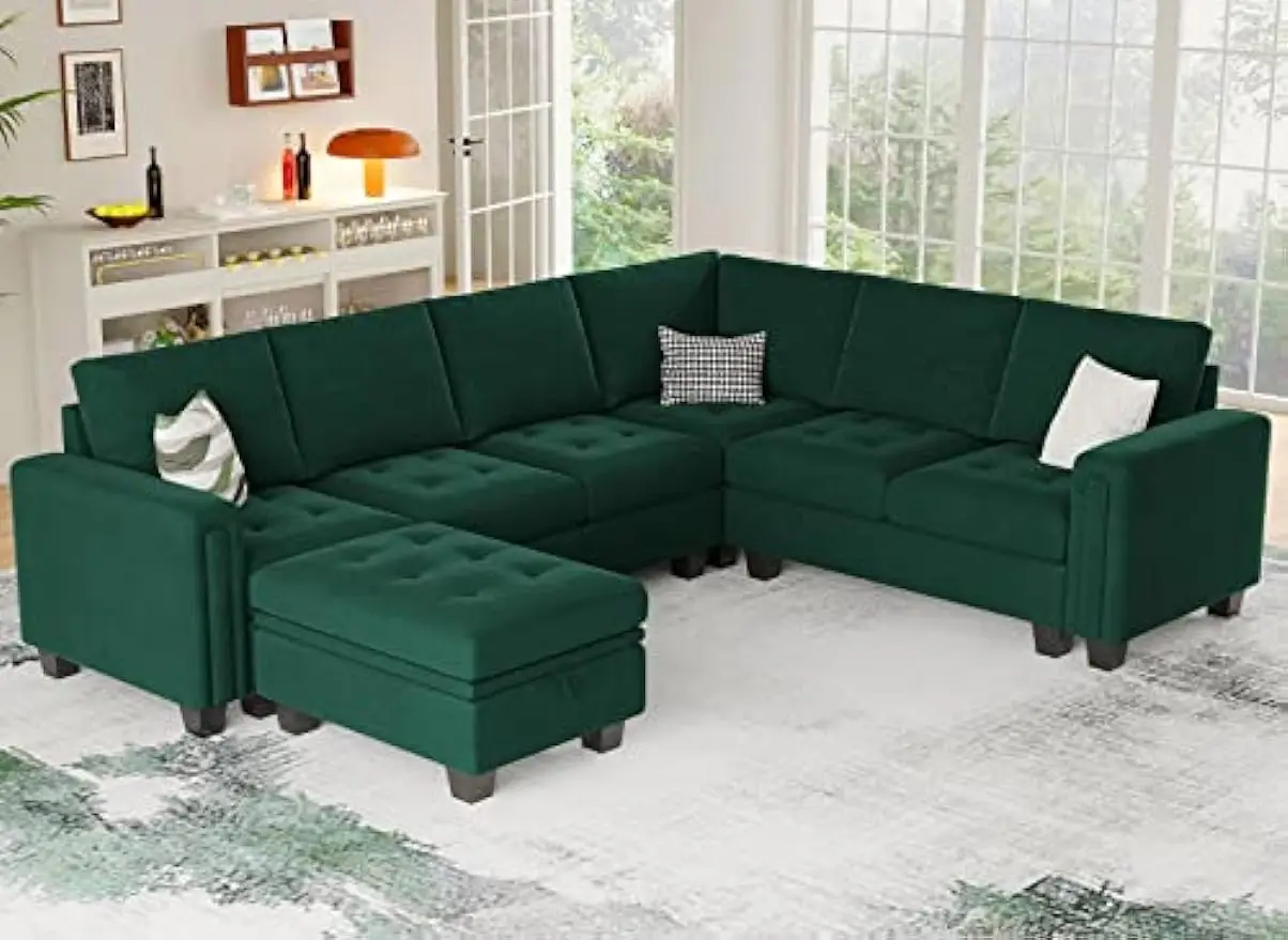 6 Seater Velvet Modular Sectional Sofa with Storage Ottoman L Shaped Sectional Modular Sofa Couch with Sectional Couch Green