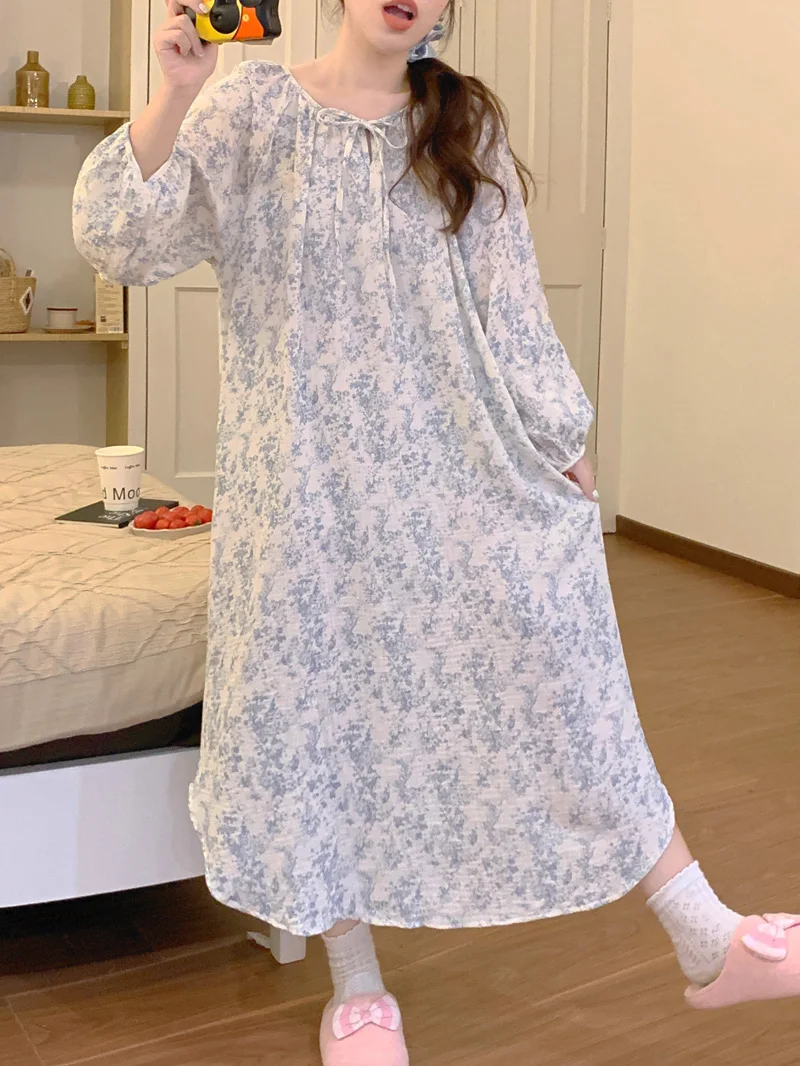 Lace Up Long Nightgown Women Floral Print Autumn Sleepwear Loose Casual Korean Night Dress Cotton Tie-Dyed Homewear Soft Vintage