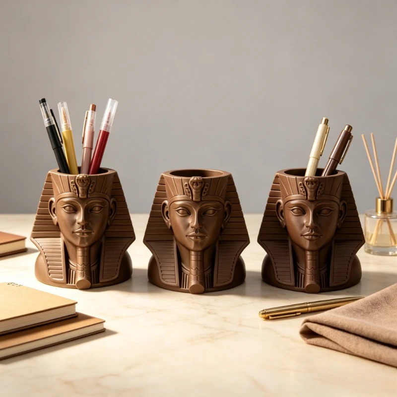 Pharaoh 3D Relief Pen Holder Statue, Indoor Outdoor Xmas Halloween Valentine Decor, Desk Shelf Home Ornament