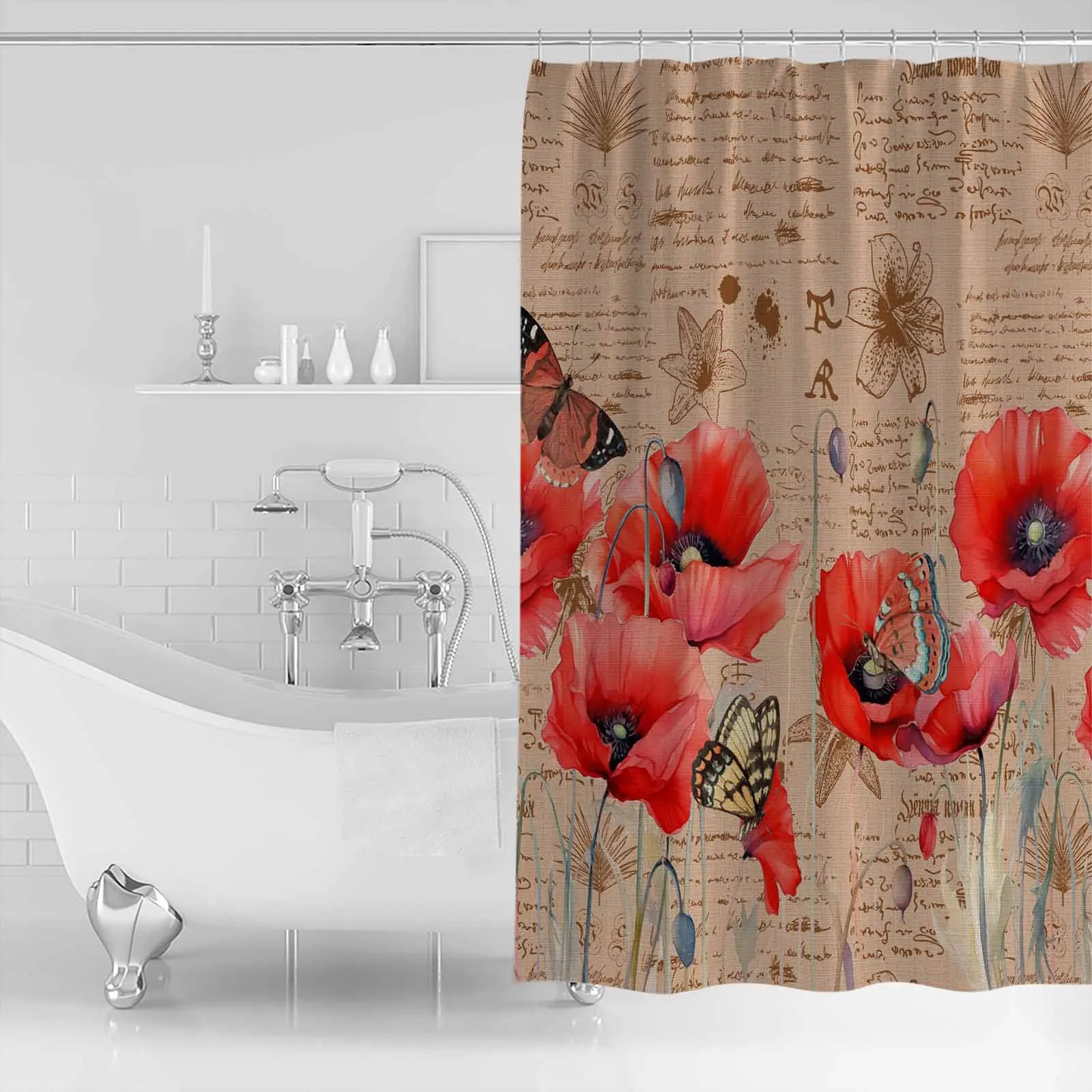 Poppy Flower Retro Butterfly Shower Curtains Waterproof Bath Curtains Home Decor Modern Luxury Bathroom Curtain