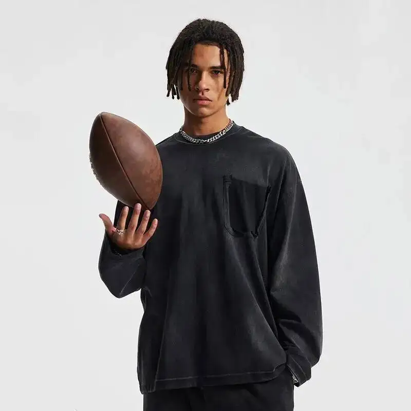 Men's Clothing Round Collar Sleeve T-shirt Autumn Winter New Destroyed Dyeing Male Tees Pocket Decoration Trend 9XF6WJ
