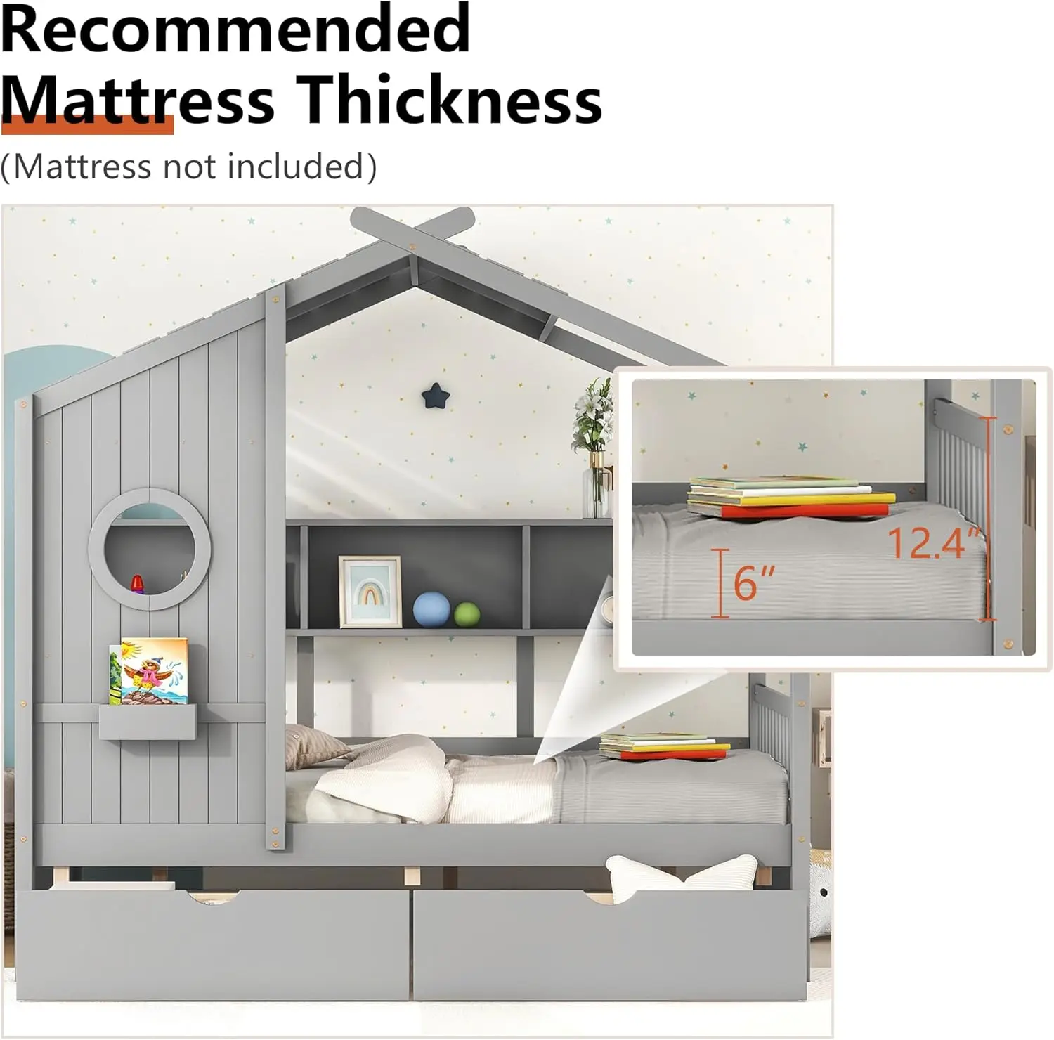 Full Size Bed Frames For Kids, House Bed With Window And Fence, Wood Platform Frame With Drawers And Shelves, Playhouse