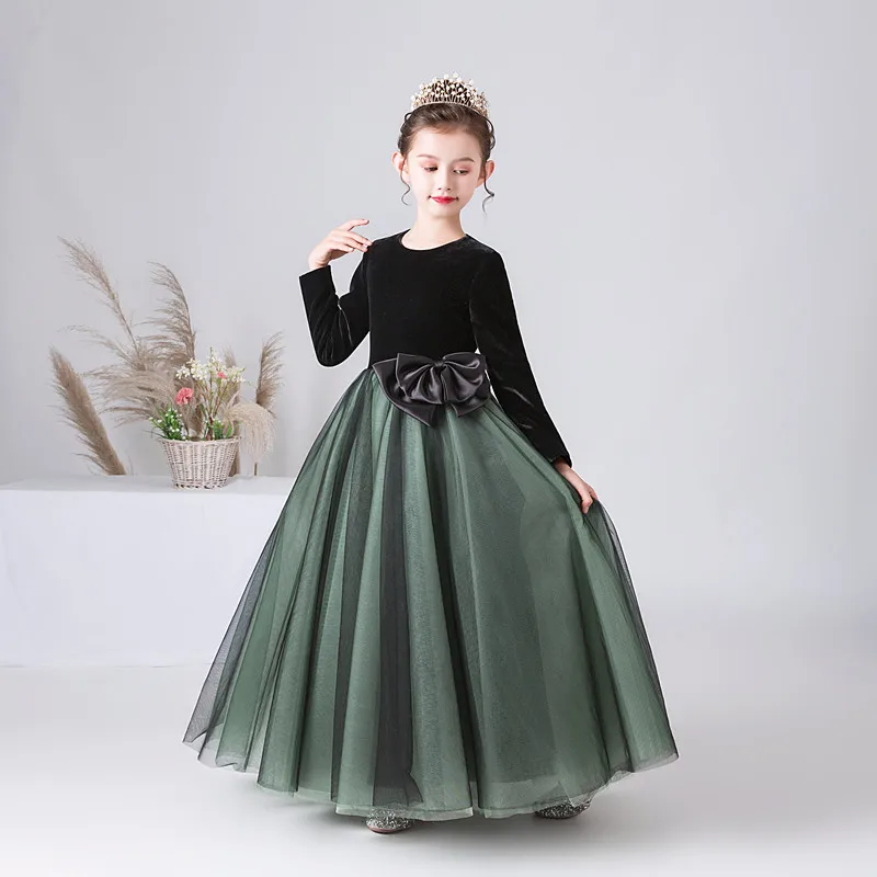 Velet Flower Girl Dress For Wedding Tulle Puffy Long Sleeve With Bow Princess Child's First Eucharistic Birthday Party Dresses