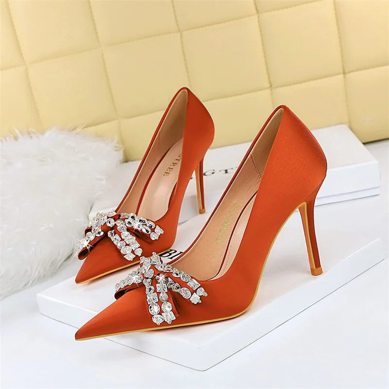 

Spring Banquet High Heels Single Stiletto Fashion Elegant Shallow Mouth Pointed Toe Satin Rhinestone Bow Solid Pumps