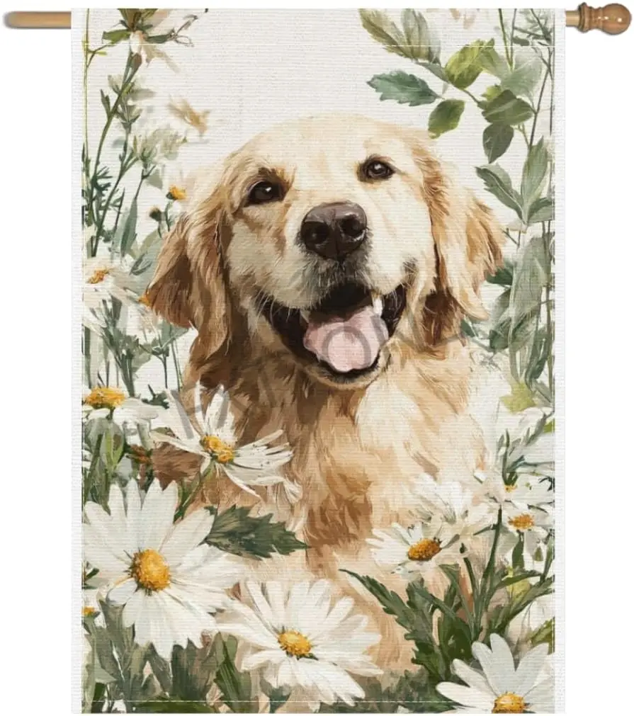 Welcome Golden Retriever Garden Flag 28x40 Inch Double Sided Spring Summer White Daisy House Flag Small Seasonal Holiday Fla IIC