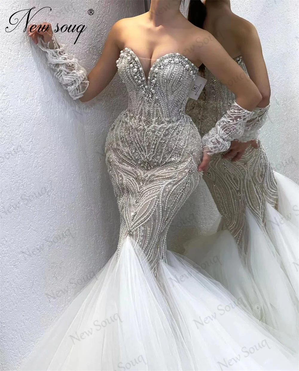 New Elegant Ivory Celebrity Dresses With Sleeves Dubai Mermaid Beaded Crystals Party Dress 2024 Evening Birthday Engagement Gown