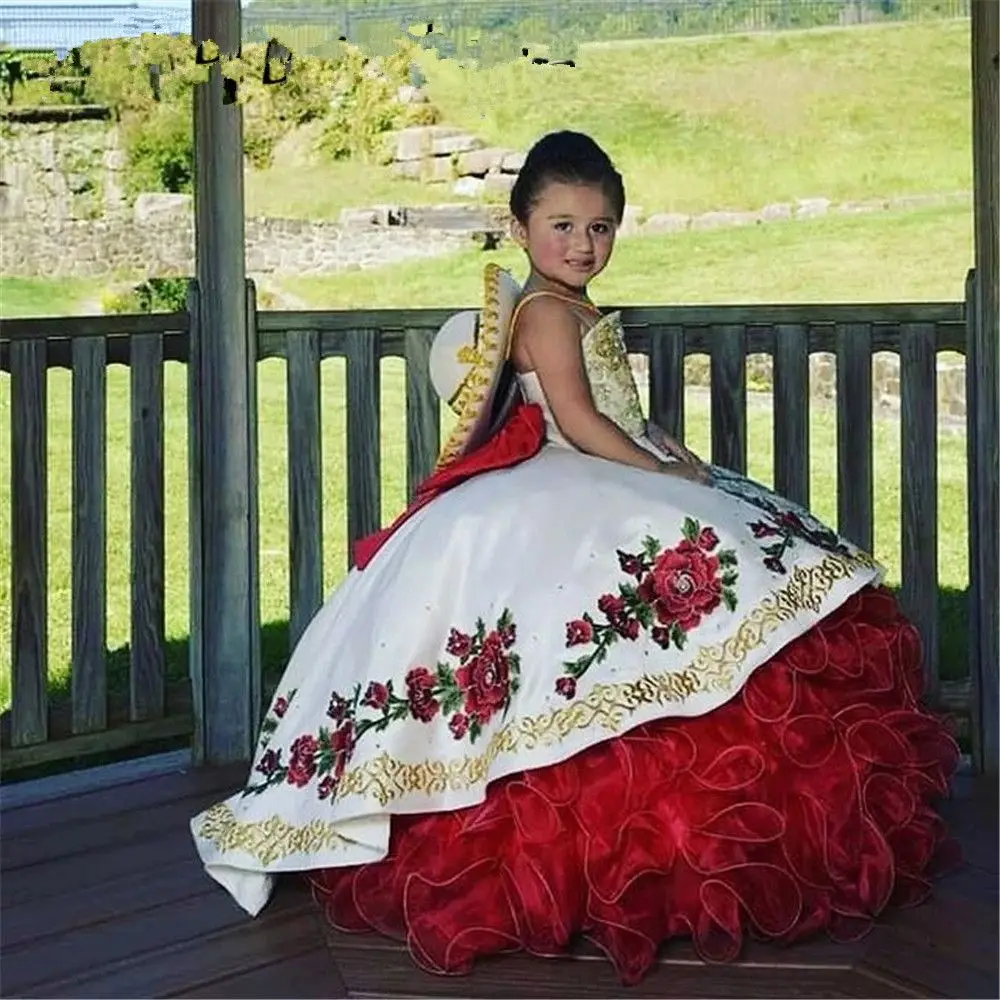 

EVLAST Princess Red Mexican Puffy Flower Girls Dress Ball Gown 3D Floral Embroidery Ruffles First Communion Pageant Gown TFD035